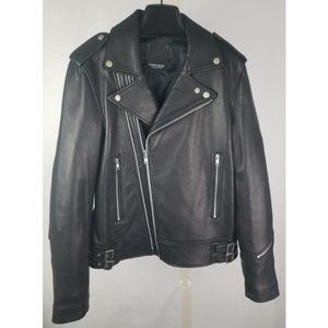 Men's Genuine Leather Biker Jacket with Decorative Puff Letters at Back